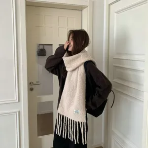 Women winter warm wool blend fringed scarf elegant cozy solid color knitted shawl casual