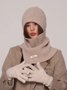 Conjunto de gorro y bufanda de lana pura para mujer, accesorio de invierno acogedor estilo coreano.