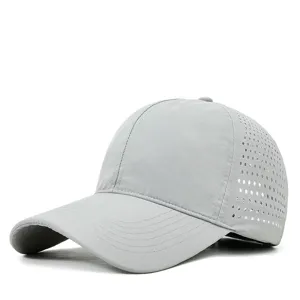 Grey quick dry breathable baseball cap with side mesh holes for summer sun protection.