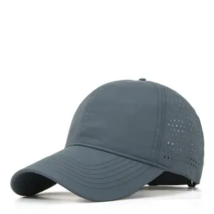 Detailed view of dark gray quick-drying baseball cap featuring side breathable perforation.