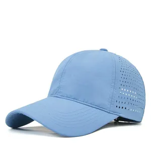 Light blue quick-dry baseball cap with breathable laser-cut holes for summer outdoor sports.