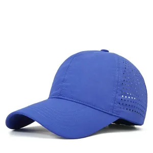 Blue quick-drying baseball cap with laser side ventilation holes, ideal for summer sun protection.