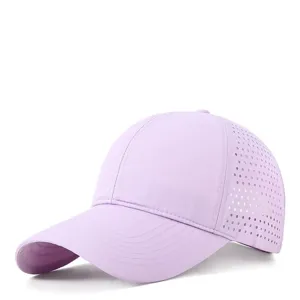 Light purple breathable quick-dry baseball cap with side mesh perforations for summer outdoor sports.
