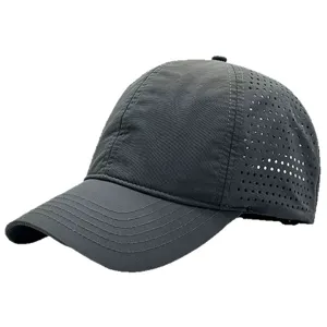Men quick-drying breathable baseball cap with side mesh perforations in dark gray color.