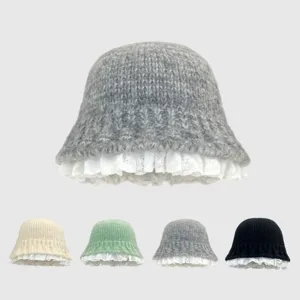 Chapeau de Pêcheur en Tricot pour Femmes Hiver Chaud Bucket Hat Coton Crochet Bordure en Dentelle Casual Couleur Unie Coup de Tête Mode
