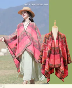 Colorful wave pattern ethnic style cape cloak travel shawl, thick warm winter poncho for women