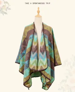 Ethnic style colorful wave pattern split shawl cape thick warm winter women travel cloak