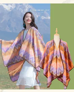 Colorful zigzag slit cloak ethnic style warm poncho shawl for women outdoor travel photo