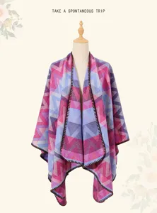 Colorful geometric wave pattern thick warm cloak shawl for women travel fashion wear