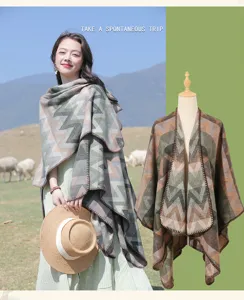 Women's ethnic style geometric wave pattern knitted cape shawl warm winter outdoor wear