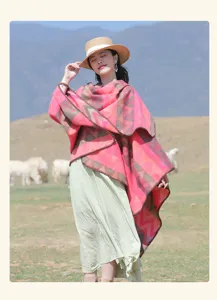 Colorful wave pattern ethnic style cloak shawl for women, thick warm travel cape outfit.