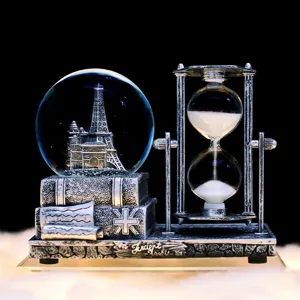 Resin Eiffel Tower Crystal Ball Hourglass Water Globe Musical Night Light Desktop Ornament Home Office Decor
