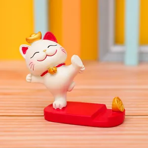 Cute lucky cat phone stand desktop ornament resin red base cartoon creative accessory