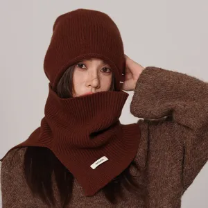 Conjunto de gorro y bufanda de lana pura mujer otoño invierno sombrero marrón cálido