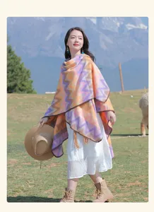 Colorful zigzag knit poncho ethnic cape women warm travel winter fashion shawl outerwear