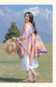 Colorful chevron ethnic style cape poncho for women, warm thickened winter travel photo shawl.