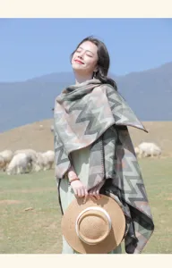 Colorful wave pattern ethnic style cloak cape, thick warm shawl for women travel photography.