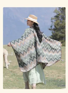 Ethnic colorful wavy poncho cape, thick warm shawl for women travel outdoor fashion.