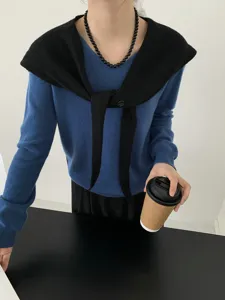 Korean style pure wool button cross shawl women elegant chic knitted scarf cape detail