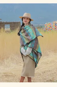 Ethnic style colorful wave pattern cape shawl, warm thickened poncho for women travel photo.