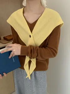 Korean style wool button cross pointed shawl and sweater top for women, elegant daily wear.