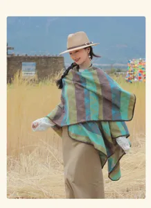 Colorful wave pattern ethnic style cape shawl, thick warm travel photography outfit women.