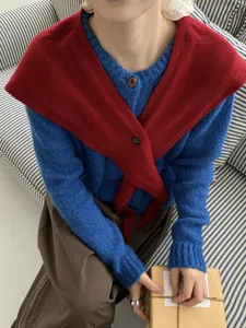 Korean style pure wool button cross pointed shawl and knitted cardigan set for women, chic outerwear.