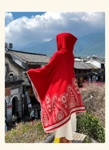 Women red hooded poncho ethnic vintage paisley print cape warm winter fashion outerwear
