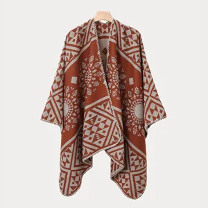Mantella con Cappuccio Geometrica Retro Invernale da Donna Scialle Aperto Poncho in Maglia Caldo
