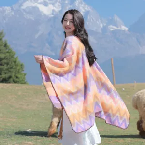 Colorful chevron cape shawl for women, warm thick ethnic style outdoor travel winter outerwear.