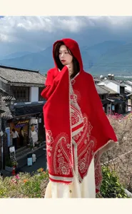 Ethnic style hooded cashmere-feel cloak, red paisley winter poncho for women, stylish cape.