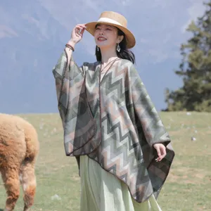 Ethnic colorful wave pattern poncho cape warm thick shawl for women travel photography outfit