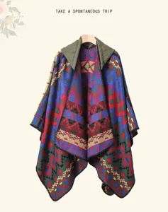 Ethnic geometric hooded cloak stylish warm tribal poncho perfect for outdoor travel and daily wear.