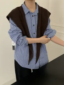 Korean style wool cross shawl outer wear with blue plaid shirt for women fashion daily outfit
