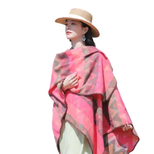 Women's ethnic style colorful wave pattern thickened warm cape shawl for outdoor travel.
