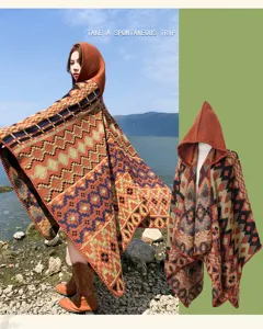 Ethnic geometric hooded cape shawl warm knitted outerwear fringe boho cloak for women travel