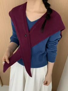 Pure wool cross button cape shawl scarf for women, elegant knit winter fashion accessory.