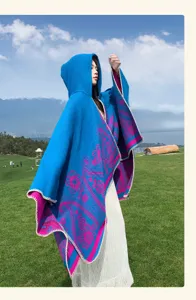 Ethnic style cashmere-feel hooded shawl, blue paisley split cloak for women outdoor travel.