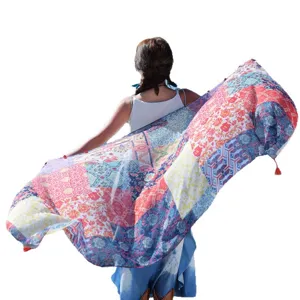 Bohemian beach shawl women summer floral patchwork travel scarf wrap cover up sun protection