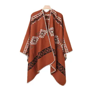Estilo étnico chal de punto geométrico invierno cálido capa vintage ropa de abrigo mujer