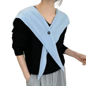 Women's blue knitted cross pointed shawl winter warm button cape fashion outerwear scarf