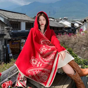 Ethnic Style Travel Warm Shawl Paisley Pattern Split Scarf Fashion Outer Wear Cloak Imitation Cashmere Cape