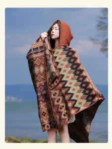 Ethnic style colorful geometric hooded shawl, ideal for travel photography and warm daily wear.
