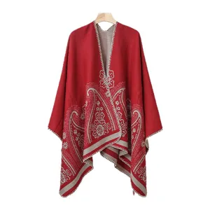 Red paisley knitted winter warm ethnic poncho stylish outerwear women fashion shawl.