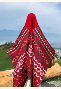 Ethnic colorful geometric hooded shawl cape for winter travel warm outdoor outerwear