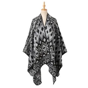 Ethnic geometric knit shawl cape, black and white warm winter outerwear for women travel daily wear.