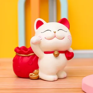 Cute lucky cat resin pen holder detail view, exquisite craftsmanship and bright colors home decor.