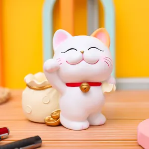 Resin lucky cat piggy bank detail, cute animal pen holder and desktop decoration ornament.