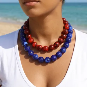 Close-up detail of dopamine colorful resin acrylic round beaded statement necklace.