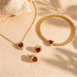 Set di gioielli dorati con pietre rosse a forma di cuore collana orecchini bracciale